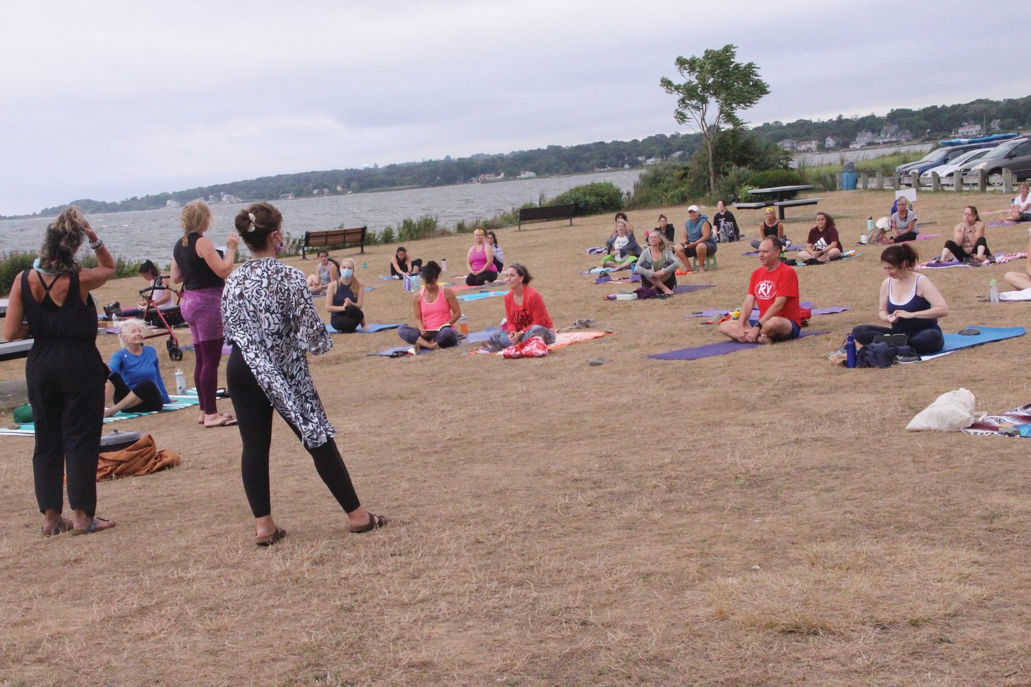 Outdoor yoga at Conimicut Point
